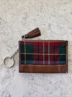 Y2K 2002 Coach Mini Wool Tartan Plaid Zip Card Case Keychain